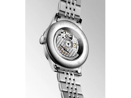Longines Record Automatik Edelstahl 38,5mm weißes Zifferblatt Metallband – Herrenuhren Uhr mit Datum aus Edelstahl. Das Gehäuse ist rund und silber. Das Edelstahlarmband ist silber. Das Zifferblatt ist römisch und weiß. – Ansicht 2