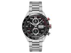 TAG Heuer Carrera Chronograph Automatik Edelstahl 44mm schwarzes Zifferblatt Metallband – Herrenuhren Chronograph aus Edelstahl und Keramik. Das Gehäuse ist rund und silber. Das Edelstahlarmband ist silber. Das Zifferblatt ist arabisch und schwarz.