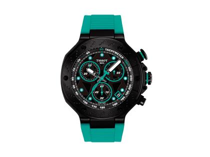 Tissot T-Race Chronograph Quarz Edelstahl Schwarz-PVD 45mm schwarzes Zifferblatt türkises Kautschukband – Herrenuhren Chronograph aus Edelstahl und PVD beschichtet. Das Gehäuse ist rund und schwarz. Das Kautschuk / Kunststoff / Silikon Armband ist türkis. Das Zifferblatt ist ein Index in schwarz.