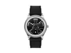Union Glashütte Noramis Datum Petro Surf 2026 Limitierte Edition Automatik Edelstahl 40mm Felgendesign Zifferblatt schwarzes Lederband – Herrenuhren Uhr mit Datum aus Edelstahl und Leder. Das Gehäuse ist rund und silber. Das Lederarmband ist schwarz. Das Zifferblatt ist ohne Zeichen und schwarz.