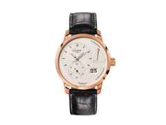 Glashütte Original PanoReserve Handaufzug Rotgold 40mm silbernes Zifferblatt schwarzes Lederband – Herrenuhren Uhr mit Datum aus 750 Rotgold. Das Gehäuse ist rund und roségold. Das Lederarmband Kroko / Alligator ist schwarz. Das Zifferblatt ist ein Index in silber.