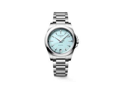 Longines Conquest Quarz Edelstahl 34mm blaues Zifferblatt Metallband – Damenuhren Uhr mit Datum aus Edelstahl. Das Gehäuse ist rund und silber. Das Edelstahlarmband ist silber. Das Zifferblatt ist ein Index in blau.