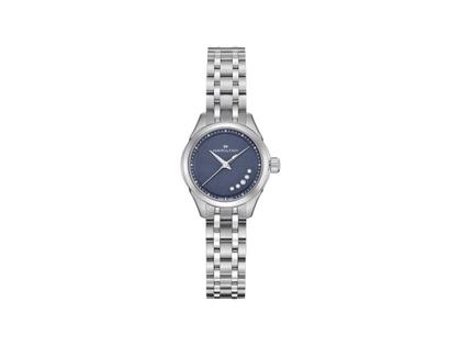 Hamilton Jazzmaster Lady Quarz Edelstahl 26mm blaues Zifferblatt mit Brillanten Metallband – Damenuhren Uhr ohne Datum aus Edelstahl. Das Gehäuse ist rund und silber. Das Edelstahlarmband ist silber. Das Zifferblatt ist ohne Zeichen und blau.