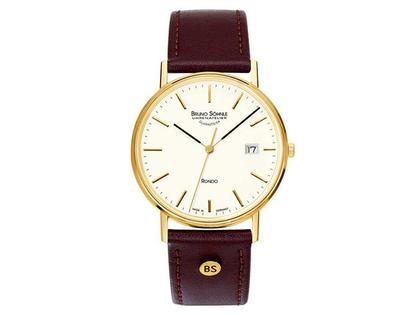 Bruno Söhnle Glashütte Rondo Herrenuhr champagner Index IP gelb Lederband – Herrenuhren Uhr mit Datum aus Edelstahl und vergoldet. Das Gehäuse ist rund und gelbgold. Das Lederarmband ist braun. Das Zifferblatt ist ein Index in beige.