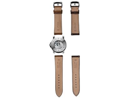 Mühle Glashütte 29er Casual Edition 30 Jahre Deutsche Einheit Automatik Edelstahl 42,4mm grünes Zifferblatt braunes Lederband – Herrenuhren Uhr mit Datum aus Edelstahl und Leder. Das Gehäuse ist rund und silber. Das Lederarmband ist braun. Das Zifferblatt ist ein Index in grün. – Ansicht 9