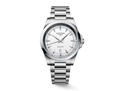 Longines Conquest Quarz Edelstahl 41mm weißes Zifferblatt Metallband – Herrenuhren Uhr mit Datum aus Edelstahl. Das Gehäuse ist rund und silber. Das Edelstahlarmband ist silber. Das Zifferblatt ist ein Index in weiß.