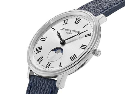 Frederique Constant Classics Moonphase Quarz Edelstahl 39mm weißes Zifferblatt blaues Lederband – Herrenuhren Uhr ohne Datum aus Edelstahl und Leder. Das Gehäuse ist rund und silber. Das Lederarmband ist blau. Das Zifferblatt ist römisch und weiß. – Ansicht 2