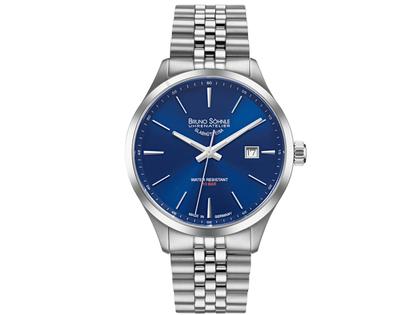 Bruno Söhnle Glashütte Turin II Big Quarz Edelstahl 41mm blaues Zifferblatt Metallband – Herrenuhren Uhr mit Datum aus Edelstahl. Das Gehäuse ist rund und silber. Das Edelstahlarmband ist silber. Das Zifferblatt ist ein Index in blau.