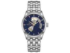 Hamilton Jazzmaster Open Heart Automatik Edelstahl 42mm blaues Zifferblatt Metallband – Herrenuhren Uhr ohne Datum aus Edelstahl. Das Gehäuse ist rund und silber. Das Edelstahlarmband ist silber. Das Zifferblatt ist ein Index in blau.