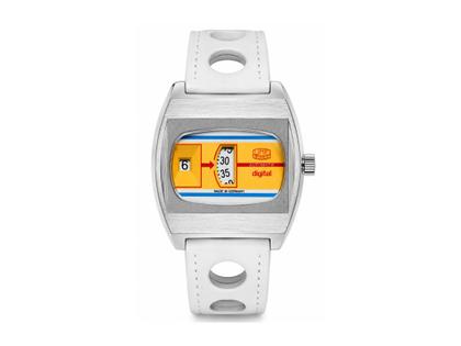 UMF Ruhla Scheibenuhr Automatik mit springender Stunde Edelstahl 41mm  Final Edition oranges Zifferblatt weißes Lederband limitiert – Herrenuhren Uhr ohne Datum aus Edelstahl und Leder. Das Gehäuse ist tonneauform und silber. Das Lederarmband ist rot. Das Zifferblatt ist digital und rot. – Ansicht 3