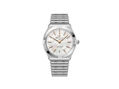 Breitling Chronomat 36 Automatik Edelstahl weißes Perlmutt-Zifferblatt Metallband – Damenuhren Uhr mit Datum aus 750 Rotgold und Edelstahl. Das Gehäuse ist rund und silber. Das Edelstahlarmband ist silber. Das Zifferblatt ist ein Index in weiß.