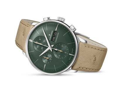 Junghans Meister Chronoscope Automatik Edelstahl 41mm grünes Zifferblatt braunes Lederband – Herrenuhren Chronograph aus Edelstahl und Leder. Das Gehäuse ist rund und silber. Das Lederarmband Strauß ist braun. Das Zifferblatt ist ein Index in grün. – Ansicht 4