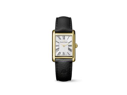 Maurice Lacroix Fiaba Square Quarz Edelstahl Gelbgold-PVD 24x34mm silbernes Zifferblatt schwarzes Lederband – Damenuhren Uhr ohne Datum aus Edelstahl und PVD beschichtet. Das Gehäuse ist rechteckig und gelbgold. Das Lederarmband ist schwarz. Das Zifferblatt ist römisch und silber.