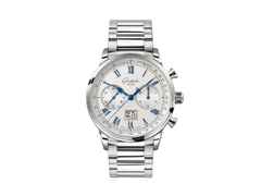 Glashütte Original Senator Chronograph Automatik Edelstahl 41mm weißes Zifferblatt Metallband – Herrenuhren Chronograph aus Edelstahl. Das Gehäuse ist rund und silber. Das Edelstahlarmband ist silber. Das Zifferblatt ist römisch Index und silber.