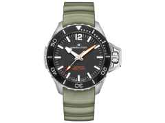 Hamilton Khaki Navy Frogman Automatic Edelstahl 46mm schwarzes Zifferblatt grünes Kautschukband – Herrenuhren Uhr ohne Datum aus Edelstahl und Kautschuk. Das Gehäuse ist rund und silber. Das Kautschuk / Kunststoff / Silikon Armband ist grün. Das Zifferblatt ist arabisch Index und schwarz.