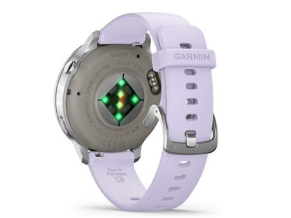 Garmin Venu 4 Quarz Edelstahl und Polymer 41mm digitales Zifferblatt violettes Silikonband – Herrenuhren Uhr Multifunktion aus Edelstahl und Faserverstärktes Polymer. Das Gehäuse ist rund und silber. Das Kautschuk / Kunststoff / Silikon Armband ist lila. Das Zifferblatt ist digital und schwarz. – Ansicht 3