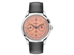 Montblanc Heritage  Handaufzug Pulsograph 40 mm Edelstahl lachsfarben schwarzes Lederband – Herrenuhren Chronograph aus Edelstahl. Das Gehäuse ist rund und silber. Das Lederarmband Kroko / Alligator ist grau. Das Zifferblatt ist arabisch Index und orange.