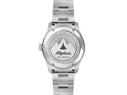 Alpina Startimer Pilot Automatik Edelstahl 41mm schwarzes Zifferblatt Metallband – Herrenuhren Uhr mit Datum aus Edelstahl. Das Gehäuse ist rund und silber. Das Edelstahlarmband ist silber. Das Zifferblatt ist arabisch und schwarz. – Ansicht 2