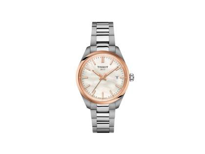 Tissot PR 100 Quarz Edelstahl Roségold-PVD 34mm weißes Perlmutt-Zifferblatt Metallband – Damenuhren Uhr mit Datum aus Edelstahl und PVD beschichtet. Das Gehäuse ist rund und silber. Das Edelstahlarmband ist silber. Das Zifferblatt ist ein Index in weiß.