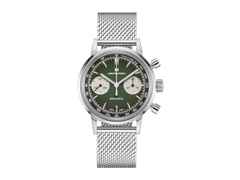 Hamilton American Classic Intra-Matic Chronograph H Handaufzug Edelstahl 40mm grünes Zifferblatt grünes Lederband – Herrenuhren Chronograph aus Edelstahl. Das Gehäuse ist rund und silber. Das Lederarmband ist grün. Das Zifferblatt ist ein Index in grün. – Ansicht 2