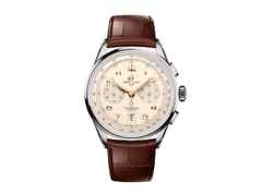 Breitling Premier B01 Chronograph 42 Edelstahl Automatik beigefarbenes Zifferblatt braunes Alligatorband – Herrenuhren Chronograph aus Edelstahl und Leder. Das Gehäuse ist rund und silber. Das Lederarmband Kroko / Alligator ist braun. Das Zifferblatt ist arabisch und beige.