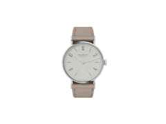 Nomos Glashütte Tangente 33 Handaufzug Edelstahl 33mm graues Zifferblatt beiges Lederband Glasboden – Damenuhren Uhr ohne Datum aus Edelstahl und Leder. Das Gehäuse ist rund und silber. Das Lederarmband ist beige. Das Zifferblatt ist arabisch Index und grau.