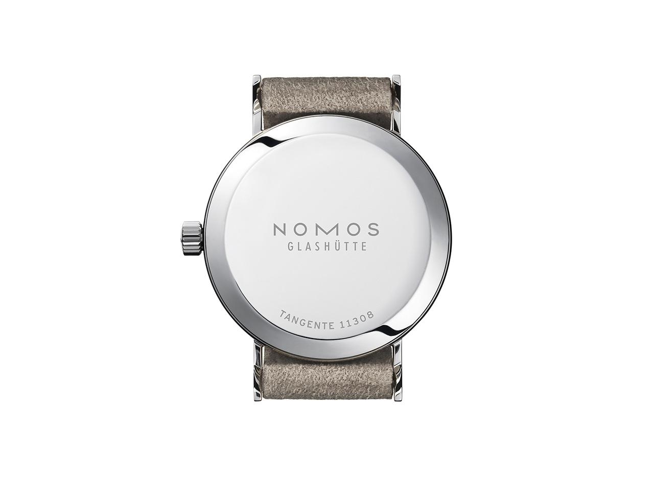 Nomos Glashütte Tangente 33 Handaufzug Edelstahl 33mm weißes Zifferblatt beiges Lederband Stahlboden – Damenuhren Uhr ohne Datum aus Edelstahl und Leder. Das Gehäuse ist rund und silber. Das Lederarmband ist beige. Das Zifferblatt ist arabisch Index und weiß. – Ansicht 2