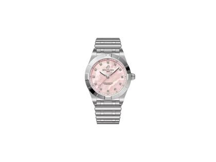 Breitling Chronomat 28 Quarz Edelstahl rosa Perlmutt-Zifferblatt Metallband – Damenuhren Uhr ohne Datum aus 750 Rotgold und Edelstahl. Das Gehäuse ist rund und silber. Das Edelstahlarmband ist silber. Das Zifferblatt ist ein Index in rosa.