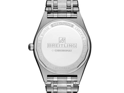 Breitling Chronomat Automatic 36 South Sea Edelstahl rosafarbenes Zifferblatt mit Brillanten und bunten Saphiren Metallband – Damenuhren Uhr mit Datum aus 750 Weißgold und Edelstahl. Das Gehäuse ist rund und silber. Das Edelstahlarmband mit Gold ist silber. Das Zifferblatt ist ein Index in rosa. – Ansicht 2