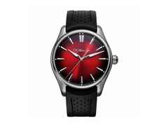 H. Moser & Cie. Pioneer Centre Seconds Rot Fumé Automatik Edelstahl 42,8mm rotes Zifferblatt schwarzes Kautschukband – Herrenuhren Uhr ohne Datum aus Edelstahl. Das Gehäuse ist rund und silber. Das Kautschuk / Kunststoff / Silikon Armband ist schwarz. Das Zifferblatt ist ein Index in rot.