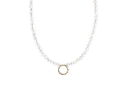 Juwelier Roller | Atelier Collier Gelbgold 42cm mit weißen Süßwasserperlen und Brillanten 0,080ct – Halsschmuck Collier aus 750 Gelbgold.