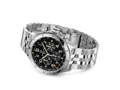 Breitling Super Avi B04 Chronograph GMT 46 P-51 Mustang Automatik Edelstahl schwarzes Zifferblatt Metallband – Herrenuhren Chronograph aus Edelstahl. Das Gehäuse ist rund und silber. Das Edelstahlarmband ist silber. Das Zifferblatt ist arabisch und schwarz. – Ansicht 3