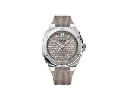 Herrenuhren Uhr mit Datum aus Edelstahl und Kautschuk. Das Gehäuse ist rund und silber. Das Kautschuk / Kunststoff / Silikon Armband ist beige. Das Zifferblatt ist ein Index in beige.