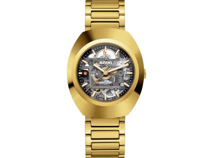 Damenuhren Uhr ohne Datum aus Edelstahl und PVD beschichtet. Das Gehäuse ist oval und gelbgold. Das Edelstahlarmband ist gelbgold. Das Zifferblatt ist ein Index in grau.