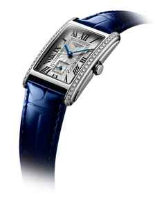 Longines DolceVita  Medium Quarz Edelstahl 23x37mm silbernes Zifferblatt römisch mit Brillanten blaues Lederband – Damenuhren Uhr ohne Datum aus Edelstahl. Das Gehäuse ist rechteckig und silber. Das Lederarmband Kroko / Alligator ist blau. Das Zifferblatt ist römisch und silber. – Ansicht 3