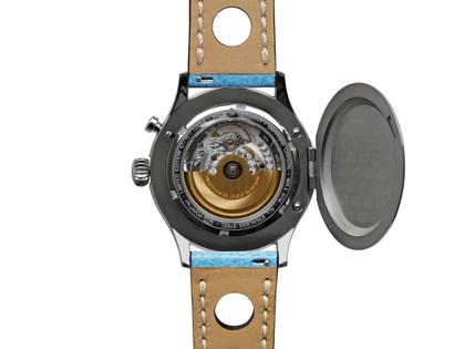 UMF Ruhla Sprungdeckeluhr Automatik Edelstahl 43mm silberfarbenes Zifferblatt braunes Lederband limitiert – Herrenuhren Uhr ohne Datum aus Edelstahl und Leder. Das Gehäuse ist rund und silber. Das Lederarmband ist braun. Das Zifferblatt ist ein Index in silber. – Ansicht 3
