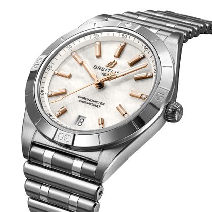 Breitling Chronomat Automatic 36 Edelstahl weißes Zifferblatt mit Brillanten Metallband – Damenuhren Uhr mit Datum aus Edelstahl. Das Gehäuse ist rund und silber. Das Edelstahlarmband ist silber. Das Zifferblatt ist ein Index in weiß. – Ansicht 2