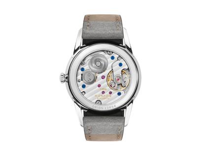 Nomos Glashütte Orion 33 Gold Handaufzug Edelstahl 33mm goldfarbenes Zifferblatt graues Lederband Glasboden – Damenuhren Uhr ohne Datum aus Edelstahl und Leder. Das Gehäuse ist rund und silber. Das Lederarmband ist beige. Das Zifferblatt ist ein Index in beige. – Ansicht 2