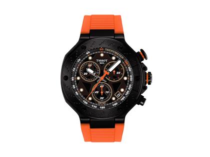Tissot T-Race Chronograph Quarz Edelstahl Schwarz-PVD 45mm schwarzes Zifferblatt oranges Kautschukband – Herrenuhren Chronograph aus Edelstahl und PVD beschichtet. Das Gehäuse ist rund und schwarz. Das Kautschuk / Kunststoff / Silikon Armband ist orange. Das Zifferblatt ist ein Index in schwarz.