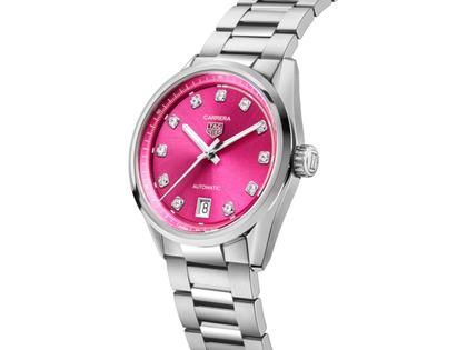 TAG Heuer Carrera Date Automatik Edelstahl 36mm pinkes Zifferblatt mit Brillanten Metallband – Damenuhren Uhr mit Datum aus Edelstahl. Das Gehäuse ist rund und silber. Das Edelstahlarmband ist silber. Das Zifferblatt ist ein Index in rosa. – Ansicht 2