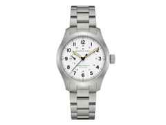 Hamilton Khaki Field Mechanical Power Reserve Handaufzug Edelstahl 40mm weißes Zifferblatt Metallband – Herrenuhren Uhr ohne Datum aus Edelstahl. Das Gehäuse ist rund und silber. Das Edelstahlarmband ist silber. Das Zifferblatt ist arabisch und weiß.