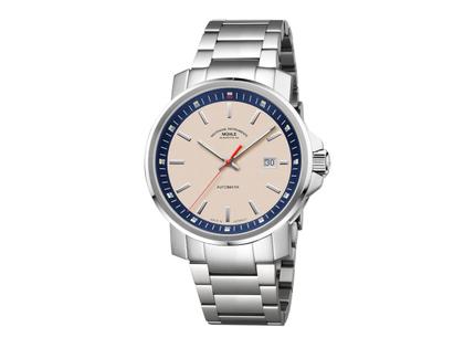 Mühle Glashütte 29er Big Sand Automatik Edelstahl 42,4mm beiges Zifferblatt Metallband – Herrenuhren Uhr mit Datum aus Edelstahl. Das Gehäuse ist rund und silber. Das Edelstahlarmband ist silber. Das Zifferblatt ist ein Index in beige.
