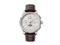 Union Glashütte Belisar Chronograph Mondphase Automatik Edelstahl 42mm weißes Zifferblatt braunes Lederband – Herrenuhren Chronograph aus Edelstahl. Das Gehäuse ist rund und silber. Das Lederarmband ist braun. Das Zifferblatt ist arabisch Index und weiß.