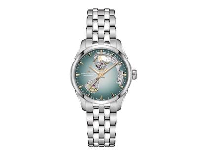 Hamilton Jazzmaster Open Heart Automatik Edelstahl 36mm hellblaues Zifferblatt Metallband – Damenuhren Uhr ohne Datum aus Edelstahl. Das Gehäuse ist rund und silber. Das Edelstahlarmband ist silber. Das Zifferblatt ist ein Index in blau.