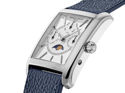 Frederique Constant Classics Carree Calendar Moonphase Quarz Edelstahl 42x30mm weißes Zifferblatt blaues Lederband – Herrenuhren Uhr mit Datum aus Edelstahl und Leder. Das Gehäuse ist rechteckig und silber. Das Lederarmband ist blau. Das Zifferblatt ist ein Index in weiß. – Ansicht 2