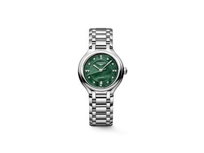 Longines PrimaLuna Automatik Edelstahl 30mm grünes Perlmutt-Zifferblatt mit Diamanten Metallband – Damenuhren Uhr mit Datum aus Edelstahl. Das Gehäuse ist rund und silber. Das Edelstahlarmband ist silber. Das Zifferblatt ist ein Index in grün.