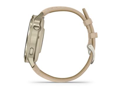 Garmin Venu 4 Quarz Edelstahl und Polymer Lunargold 41mm digitales Zifferblatt beiges Lederband – Herrenuhren Uhr Multifunktion aus Edelstahl, Faserverstärktes Polymer und PVD beschichtet. Das Gehäuse ist rund und gelbgold. Das Lederarmband ist beige. Das Zifferblatt ist digital und schwarz. – Ansicht 3