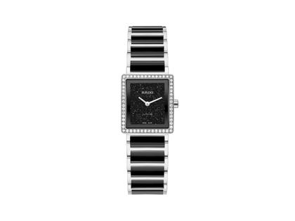Damenuhren Uhr ohne Datum aus Edelstahl und Keramik. Das Gehäuse ist rechteckig und silber. Das Keramikarmband ist schwarz. Das Zifferblatt ist ein Index in schwarz.