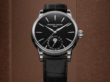 Frederique Constant Manufacture Classic Moonphase Date Automatik Edelstahl 40mm schwarzes Zifferblatt schwarzes Lederband limitiert – Herrenuhren Uhr mit Datum aus Edelstahl und Leder. Das Gehäuse ist rund und silber. Das Lederarmband Kroko / Alligator ist schwarz. Das Zifferblatt ist ein Index in schwarz. – Ansicht 4
