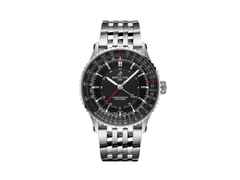 Breitling Navitimer Automatic GMT 41 Chronometer Edelstahl schwarzes Zifferblatt Metallband – Herrenuhren Uhr mit Datum aus Edelstahl. Das Gehäuse ist rund und silber. Das Edelstahlarmband ist silber. Das Zifferblatt ist ein Index in schwarz.